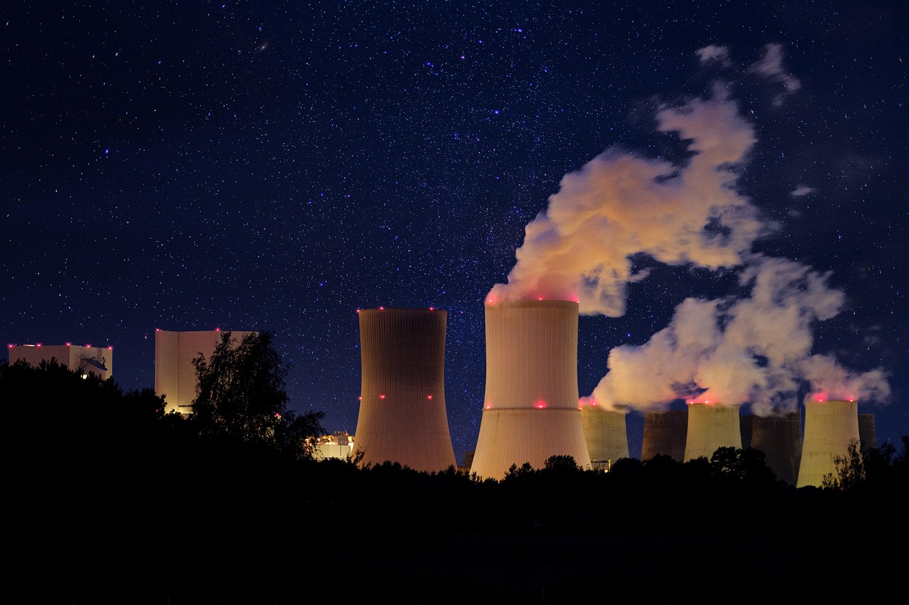 Power plant and transmission infrastructure at dusk