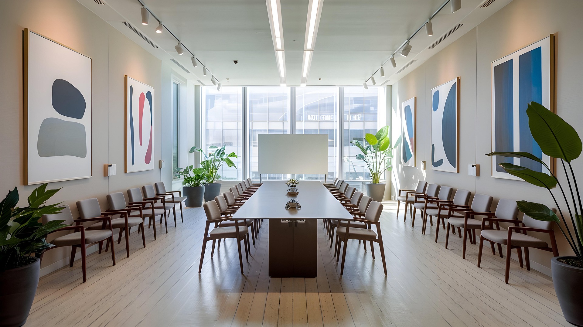 A bright boardroom: a long table with chairs down both sides, abstract paintings on the walls, and a presentation display at the far end in front of the window